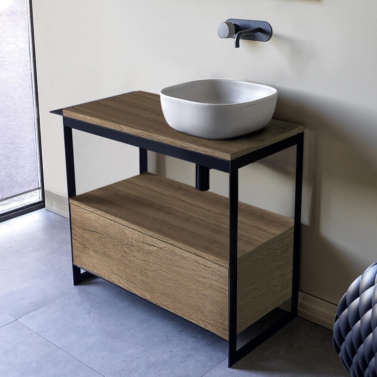 Scarabeo 1806-SOL3-89-No Hole Console Sink Vanity With Ceramic Vessel Sink and Natural Brown Oak Drawer, 35 Inch